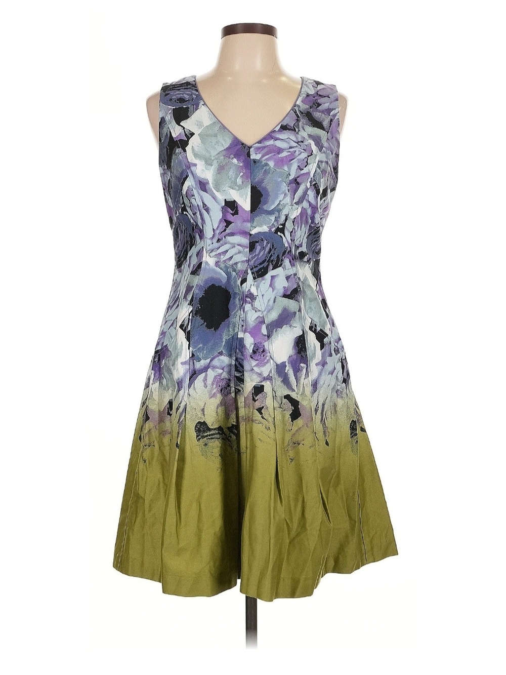 Vince Camuto Purple Floral V-Neck Fit Flare Dress Olive Womens Size 10